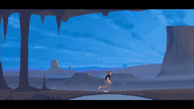 a cartoon of a man running through a desert landscape