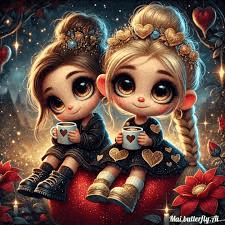 two little girls are sitting next to each other on a pumpkin holding cups of coffee .