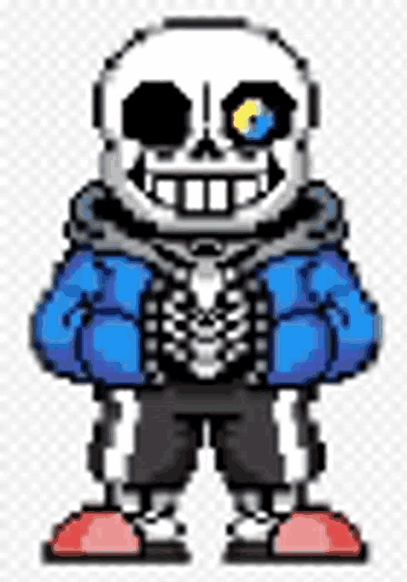 a pixel art drawing of sans from undertale in a blue jacket and black pants .