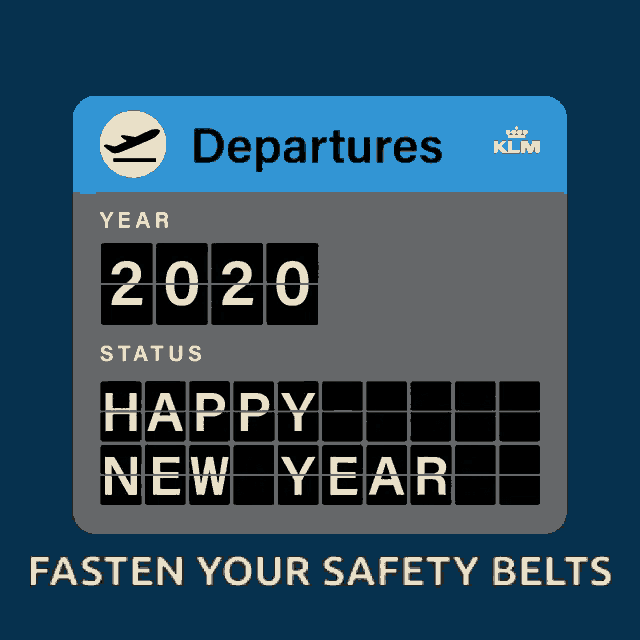 a blue sign that says departures and happy new year