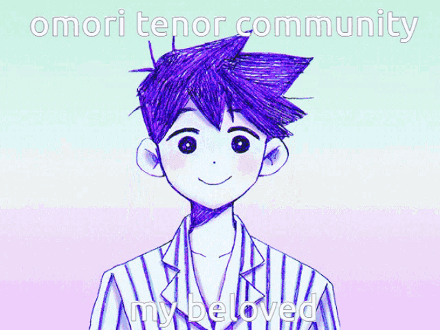 a drawing of a girl with purple hair and the words omori tenor community my beloved on the bottom