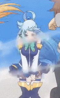a cartoon character with blue hair is standing in front of another character
