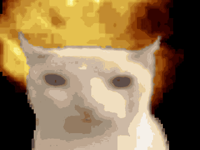 a pixelated image of a white cat with a flame behind it