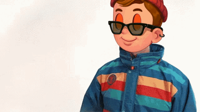 a boy wearing sunglasses and a striped jacket is smiling