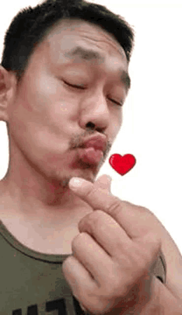 a man with a beard is making a heart shape with his fingers while blowing a kiss .