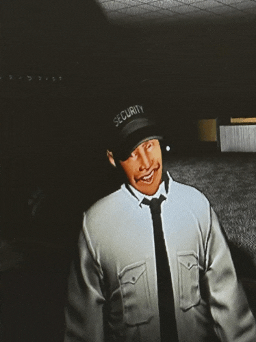 a man wearing a hat that says security is smiling