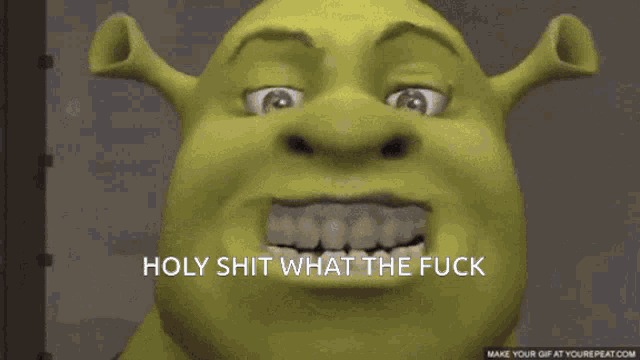 a shrek says holy shit what the fuck in front of his face