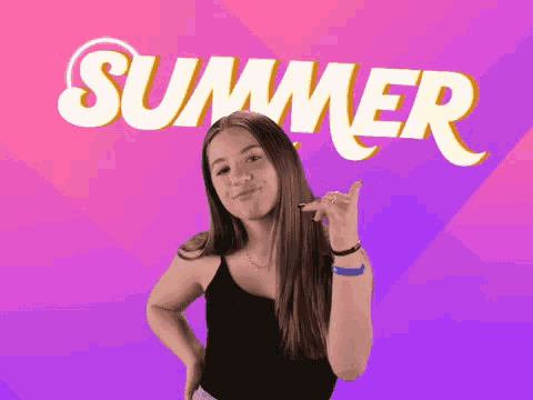 a girl in a black tank top stands in front of a pink and purple background that says summer