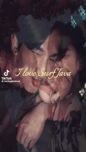 a man and a woman are hugging with the words i love surf java on the bottom