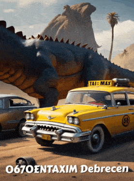 a yellow taxi cab with a taxi max sign on top of it
