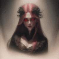 a painting of a woman with red eyes