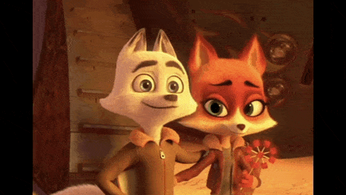 two cartoon foxes are standing next to each other and one is holding a flower
