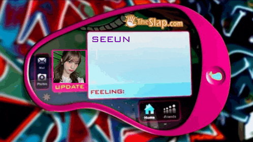 a pink device with a picture of a girl and the name seeun on it
