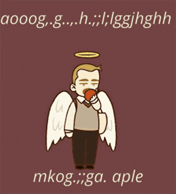 a cartoon of a man with angel wings and a halo holding an apple