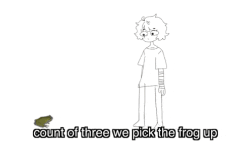 a cartoon of a girl standing next to a frog with the words `` count of three we pick the frog up ''