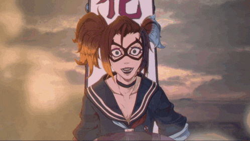 a girl in a sailor suit stands in front of a sign that says " jc "