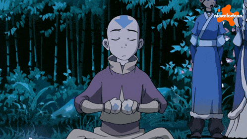 a cartoon of a boy sitting in a lotus position with a nickelodeon logo in the background