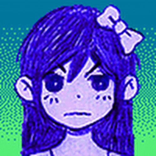 a girl with blue hair and a bow in her hair is looking angry .
