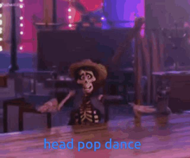 a cartoon of a skeleton playing a guitar with the words head pop dance written below it