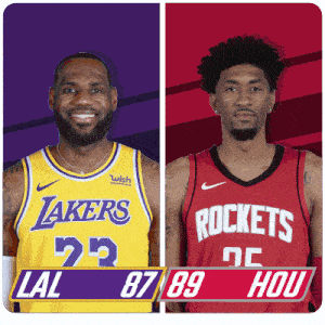a lakers player and a rockets player are shown side by side