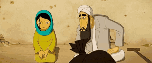 a man and a woman are sitting on the ground in a cartoon