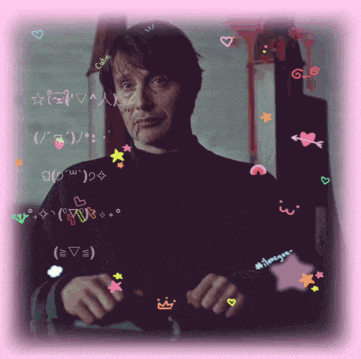 a man in a black shirt is surrounded by hearts and stars and a pink border
