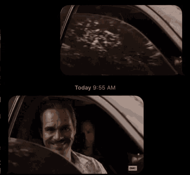 a black and white photo of a car says today 9:55 am on the bottom