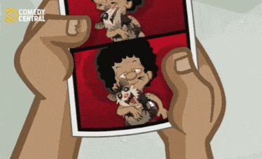 a person holding a picture of a cartoon character with comedy central on the bottom right