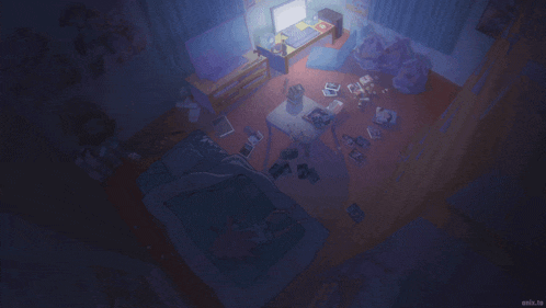 a drawing of a bedroom with a british flag on a blanket