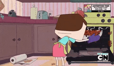 a cartoon of a woman putting food in an oven that says adventure time on it