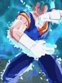a pixel art of a person in a blue outfit holding something in their hand .