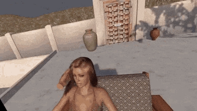 a computer generated image of a woman sitting on a couch .