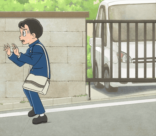 a cartoon of a boy standing next to a car