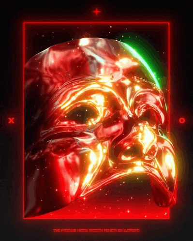 a red and gold mask with a red x and o in the corner