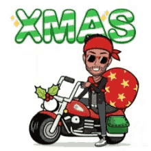 a cartoon of a man on a motorcycle with a bag of christmas presents ..