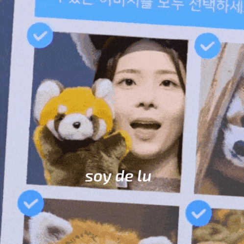 a picture of a woman holding a stuffed animal with the words soy de lu below her