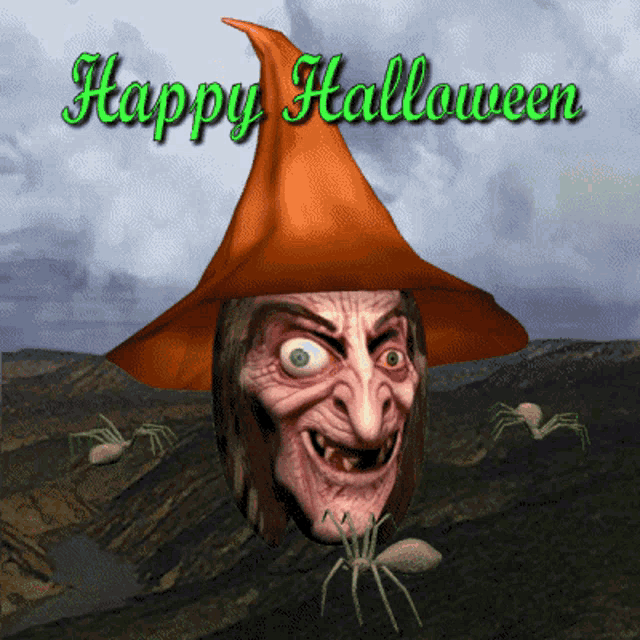 a picture of a witch with spiders and the words happy halloween