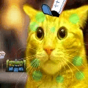 a yellow cat with green spots on its face is wearing a hat and looking at the camera .