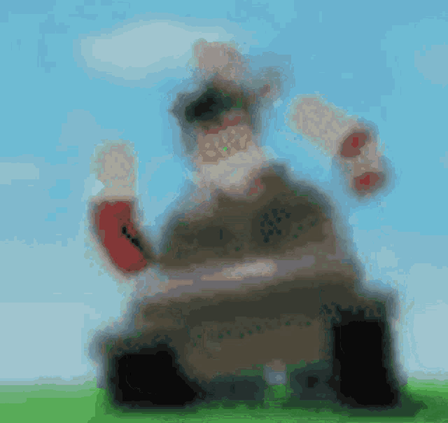 a blurred image of a cartoon character holding a cup