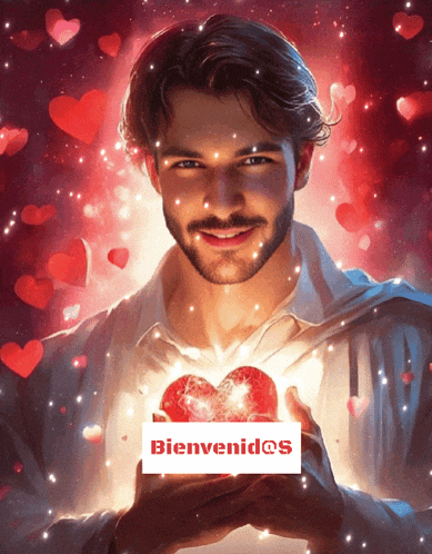 a painting of a man holding a heart that says bienvenides