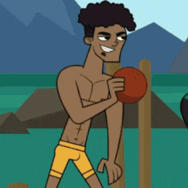 a shirtless cartoon character holding a frisbee in his hand