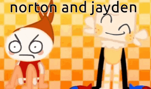 norton and jayden are standing next to each other on a checkered background .