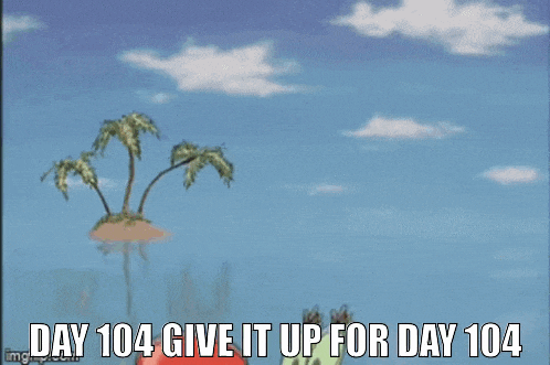 a cartoon of a crab holding a bell with the words `` day 104 give it up for day 104 '' written below it .