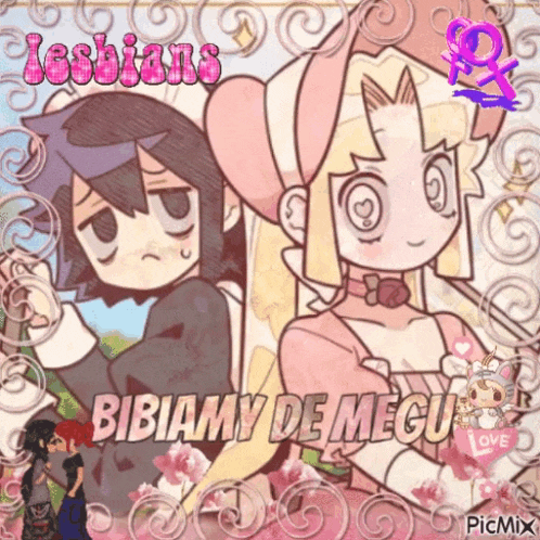 a picture of two girls with the words lesbians bibiamy de megu on the bottom