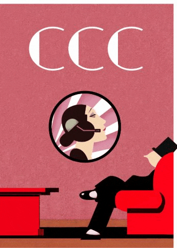 a woman is sitting in a red chair reading a book while wearing headphones ..