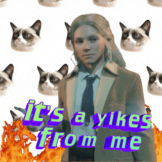 a woman in a suit and tie is surrounded by grumpy cats that say it 's a yikes from me