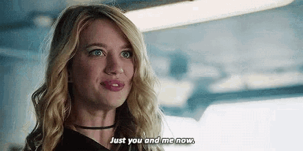 a woman is smiling and saying `` just you and me now . ''
