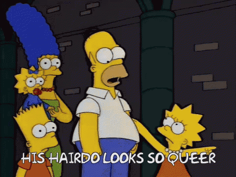 a cartoon of homer simpson holding bart 's hand and says his hairdo looks so queer