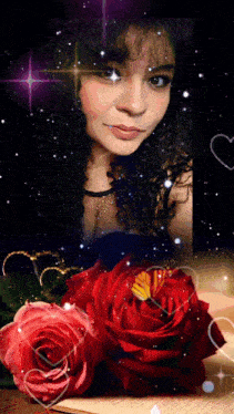 a woman is surrounded by red roses and a butterfly