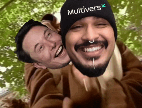 a man wearing a beanie that says multivers on it is carrying another man on his back